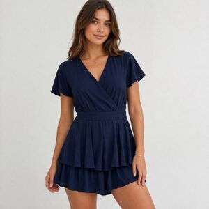 Altar'd State Flutter Sleeve Ruffle Navy Romper Tie Back Sz Medium Boho Fairy